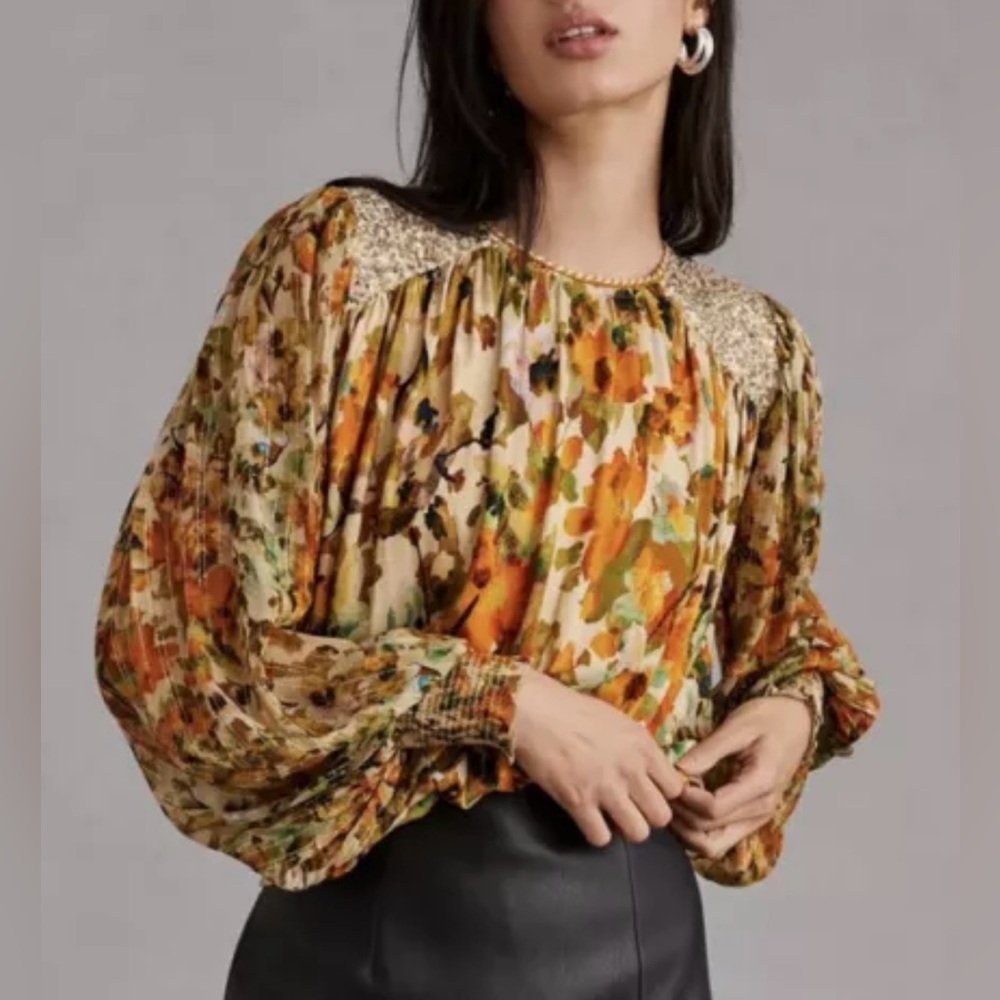 Anthropology Blank London Fall Floral Sequin-Embellished Blouse XS